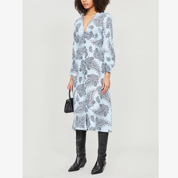 Sandro Paris Printed Silk Beane Jacquard Button Down Midi Dress Wedding Guest 36 - Picture 12 of 13